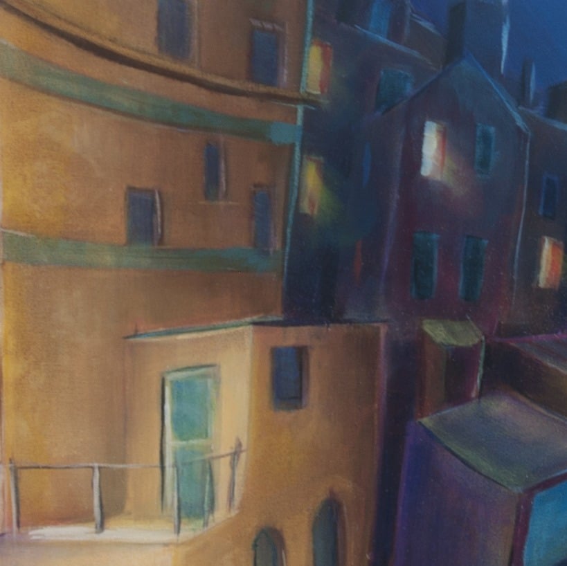 Original surreal painting - 'Mews' Original painting detail featuring Buildings with lights and distorted architecture