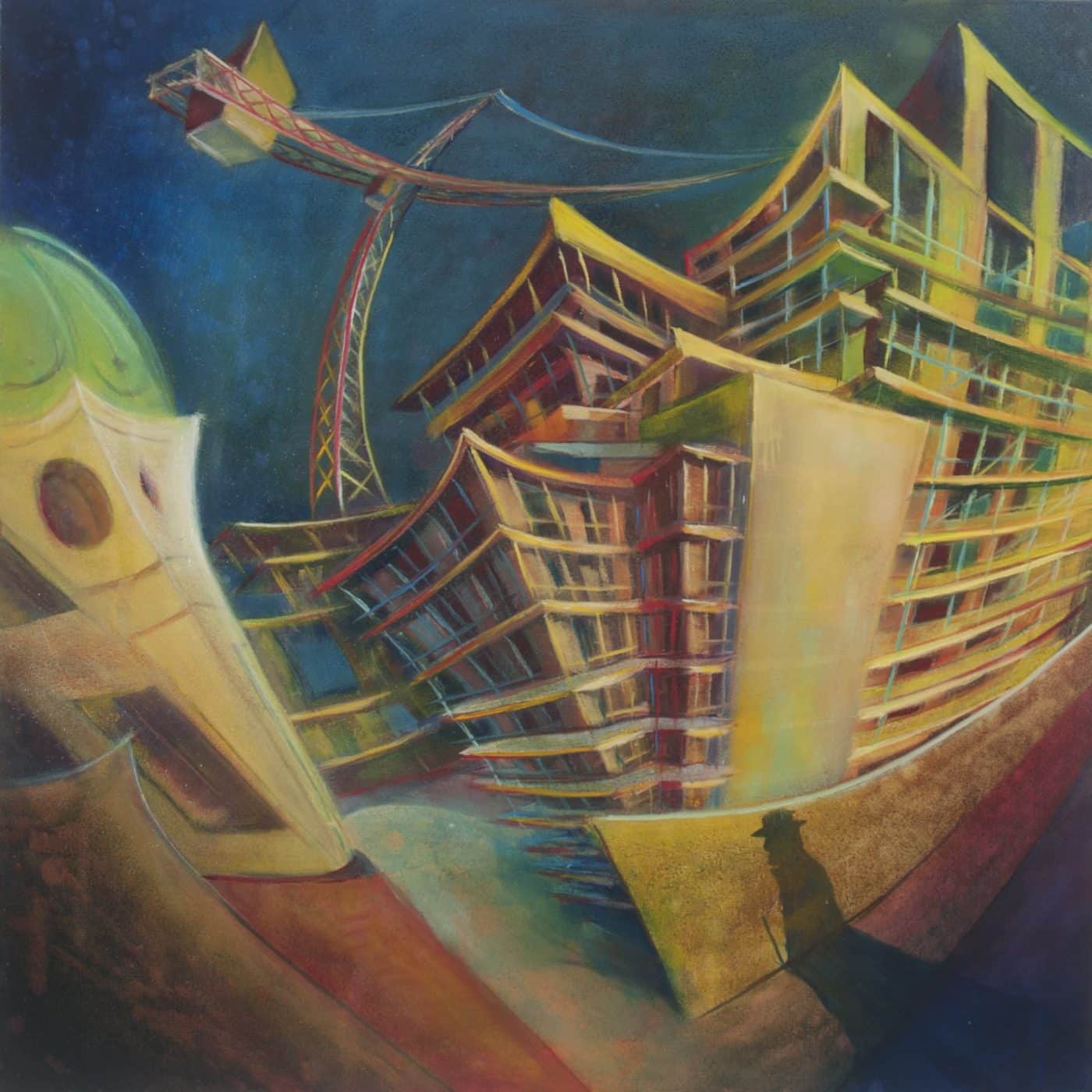 "Alibi unusual painting, a symbolic architectural artwork with modern flats and an old bar in a black floating frame."