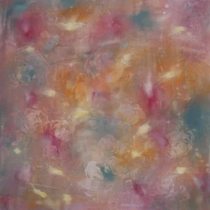 "Glitz by Simon Leawright, a pink abstract painting with gold accents, features a blossom-inspired design and luxurious textures in an oil-on-board composition."