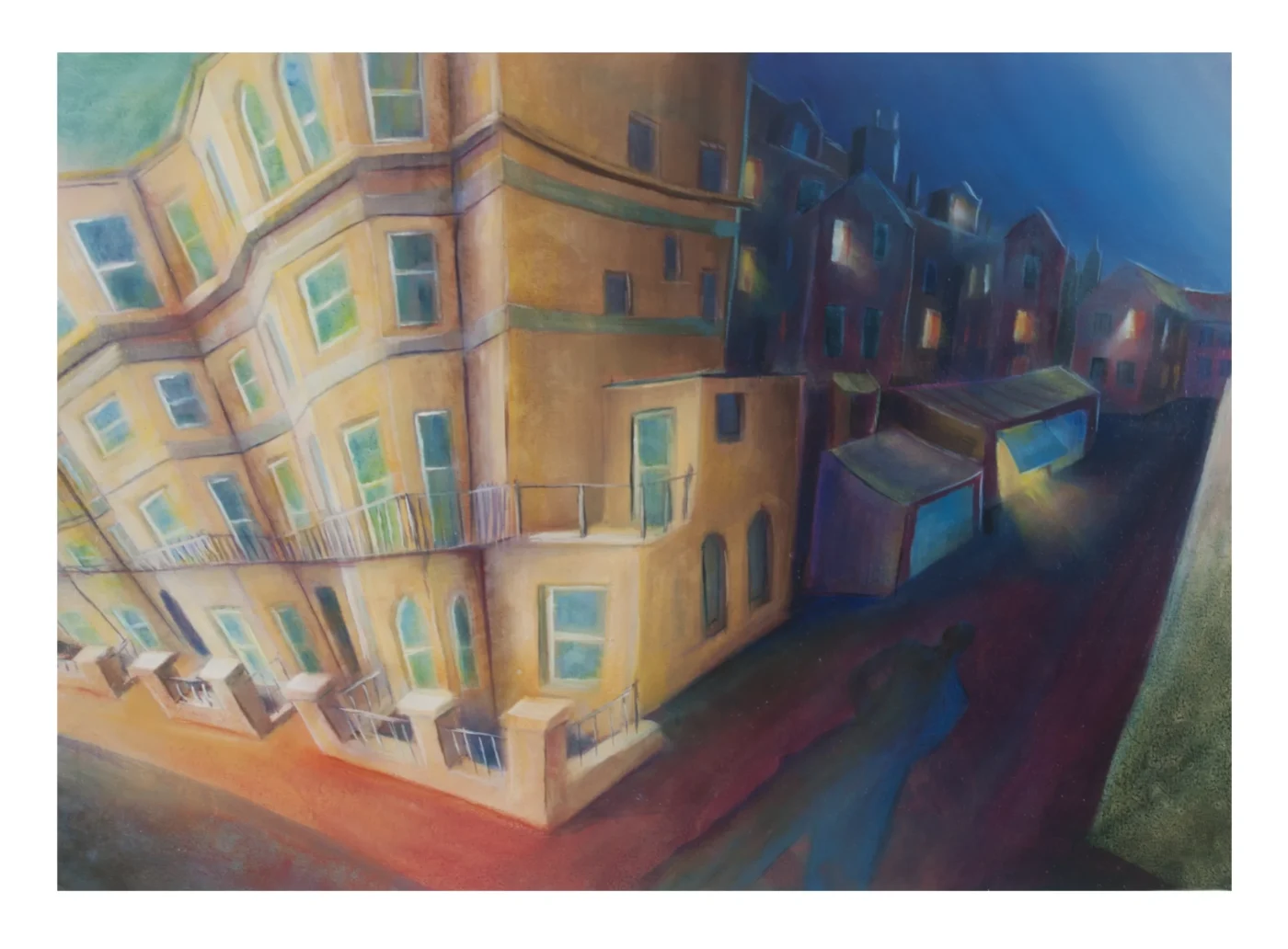 Buildings, both light and dark, feature prominently in this Mews Print, capturing the dynamic contrast between the polished and the hidden