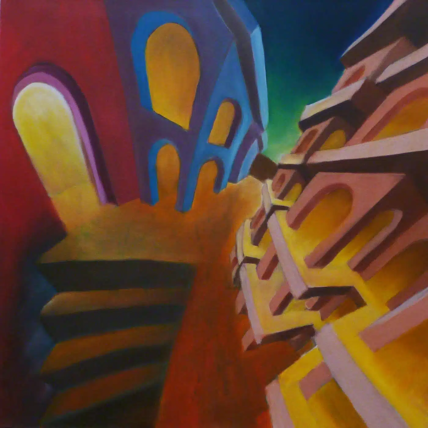 'Road to Somewhere,' a surreal architectural painting featuring distorted perspectives and empty buildings, inspired by Giorgio De Chirico. Created on a 750 x 750 mm canvas painting with acrylic underpainting and oil glazes, this artwork explores themes of mystery and abstraction.