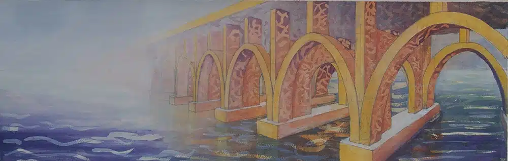 "Architectural wall art featuring a minimalist Bridge design. The bridge fades into the mist into lands unknown
