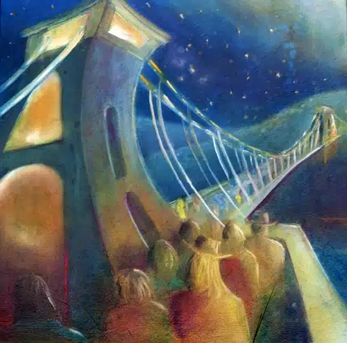 "Clifton Crossing - Symbolic Bridge Painting in Oil and Acrylic. Crows of people waiting to cross a surreal bridge