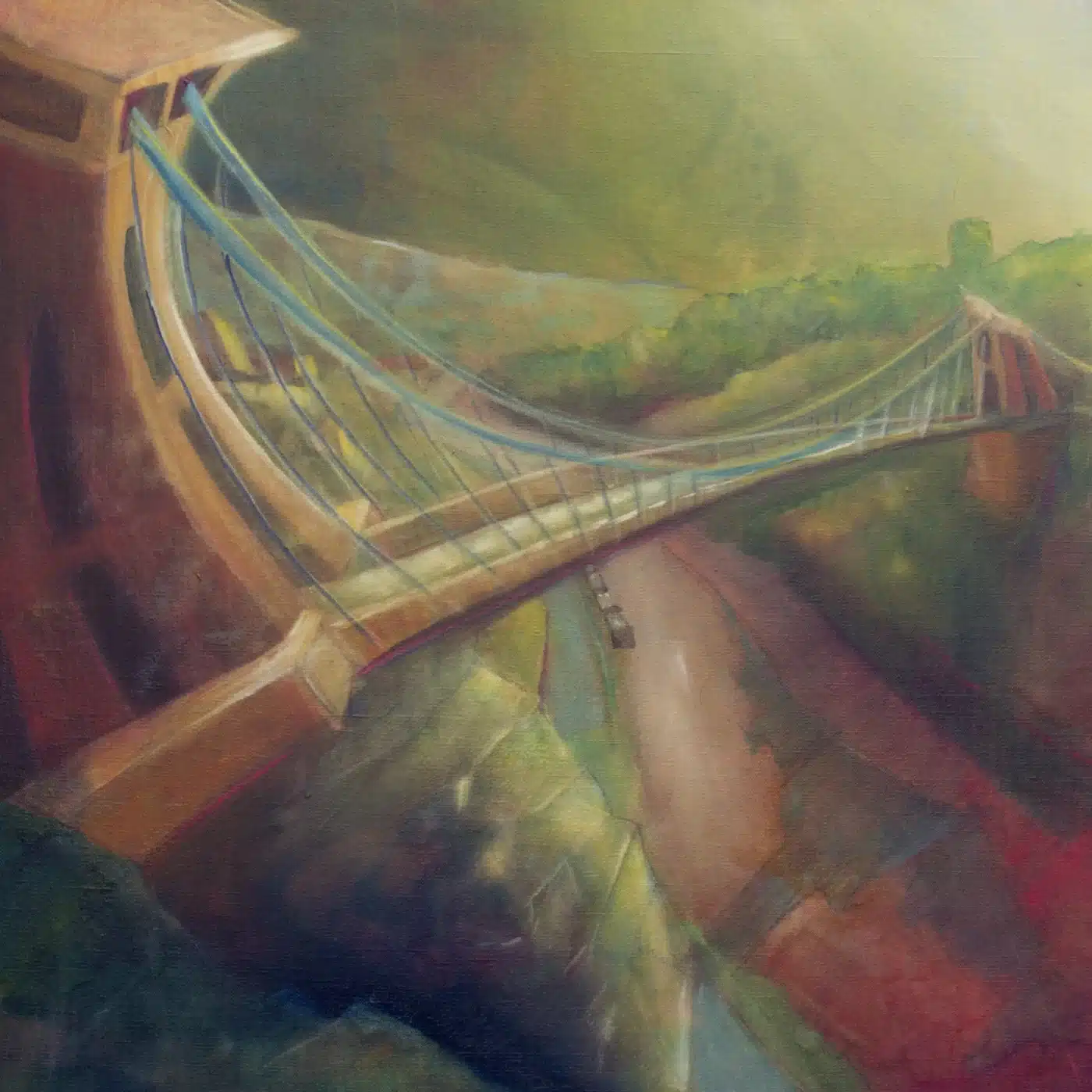 "Clifton Suspense Bridge artwork depicting tightrope symbolism and human resilience."