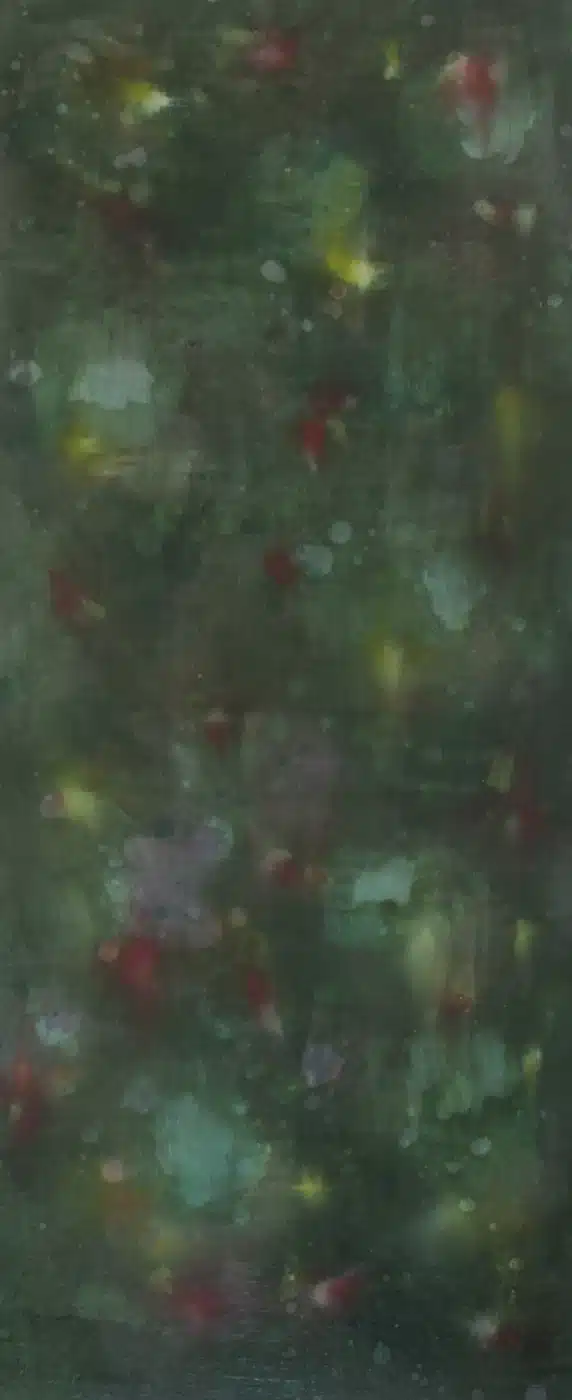 "Forest by Simon Leawright, a green abstract painting inspired by nature, featuring layered green and yellow glazes along with organic textures in an oil-on-board composition."