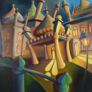 'Pavilion Nocturne,' a haunting abstract canvas art featuring a surreal, distorted interpretation of Brighton Pavilion. This artwork, created with oil on a 1m x 1m canvas, captures a sense of mystery and emotional depth through its dreamlike colours and intricate brushwork.