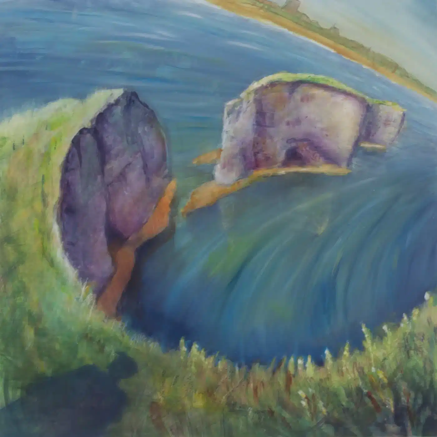 Dorset artwork of 'Old Harry Rocks,' a Dorset seascape painted with acrylic underpainting and oil glazes. The painting features vivid cliffs and sparkling waters framed in deep blue with a clean white border.