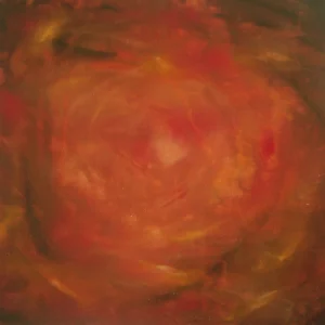 Fireball by Simon Leawright, a bold red abstract painting featuring glowing peach and red hues, evokes intense heat and radiant energy in an oil-on-board composition.