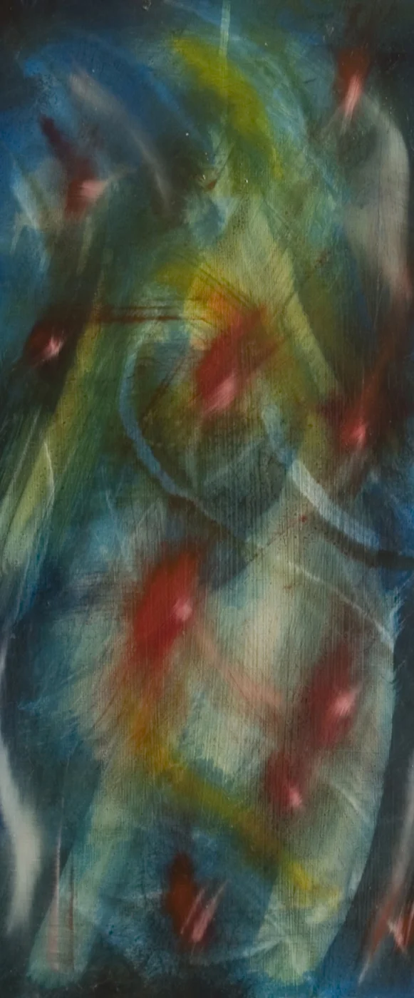 peacock original Peacock painting by Simon Leawright is an abstract painting inspired by peacock feathers, featuring vibrant blue, green, and gold hues with rich colour glazes in an oil-on-board composition.