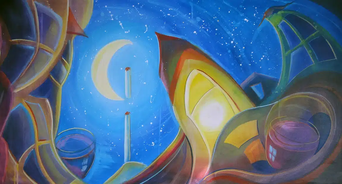 'Smoking in the Mocha 2,' a surreal painting blending acrylic and oil paints. This artwork features reflections, warped perspectives, and elements of abstract romantic surrealism inspired by nostalgic café culture.