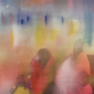Painting: "The Crowd - a vibrant, colourful abstract art painting depicting cultural gatherings and dynamic human activity in multicoloured forms."