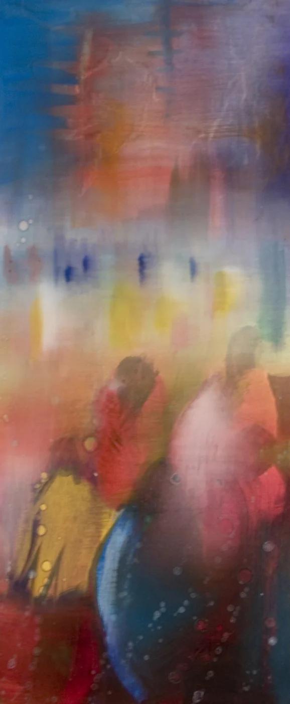 Painting: "The Crowd - a vibrant, colourful abstract art painting depicting cultural gatherings and dynamic human activity in multicoloured forms."