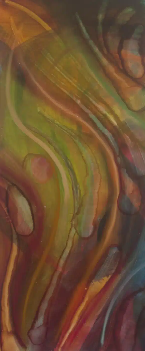 "Twirl - a vibrant piece of bright art with swirling, dynamic colours and bold glazes that radiate joy and spontaneity in abstract forms."