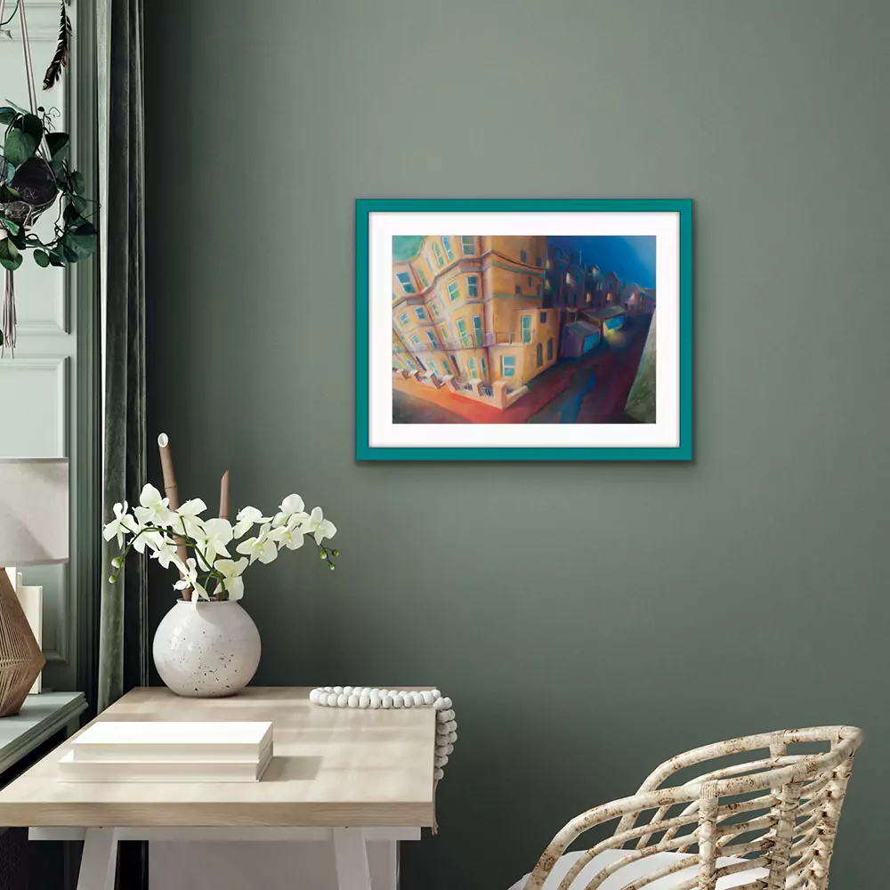 Mews-limited-print-hanging-on-a-green-wall A limited edition print of a distorted street scene hanging on a green wall