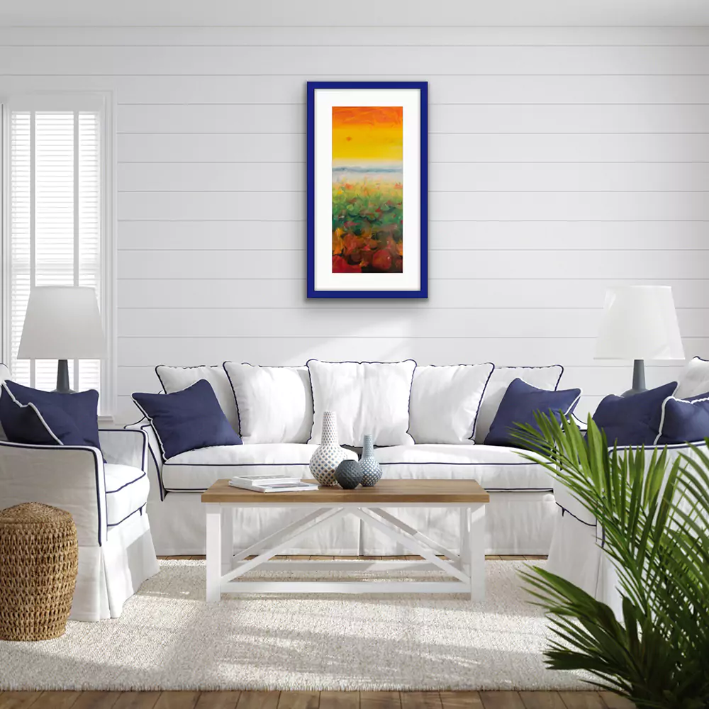 Sunny-painting-in-bright-room A summer scene abstract painting hanging in a bright room