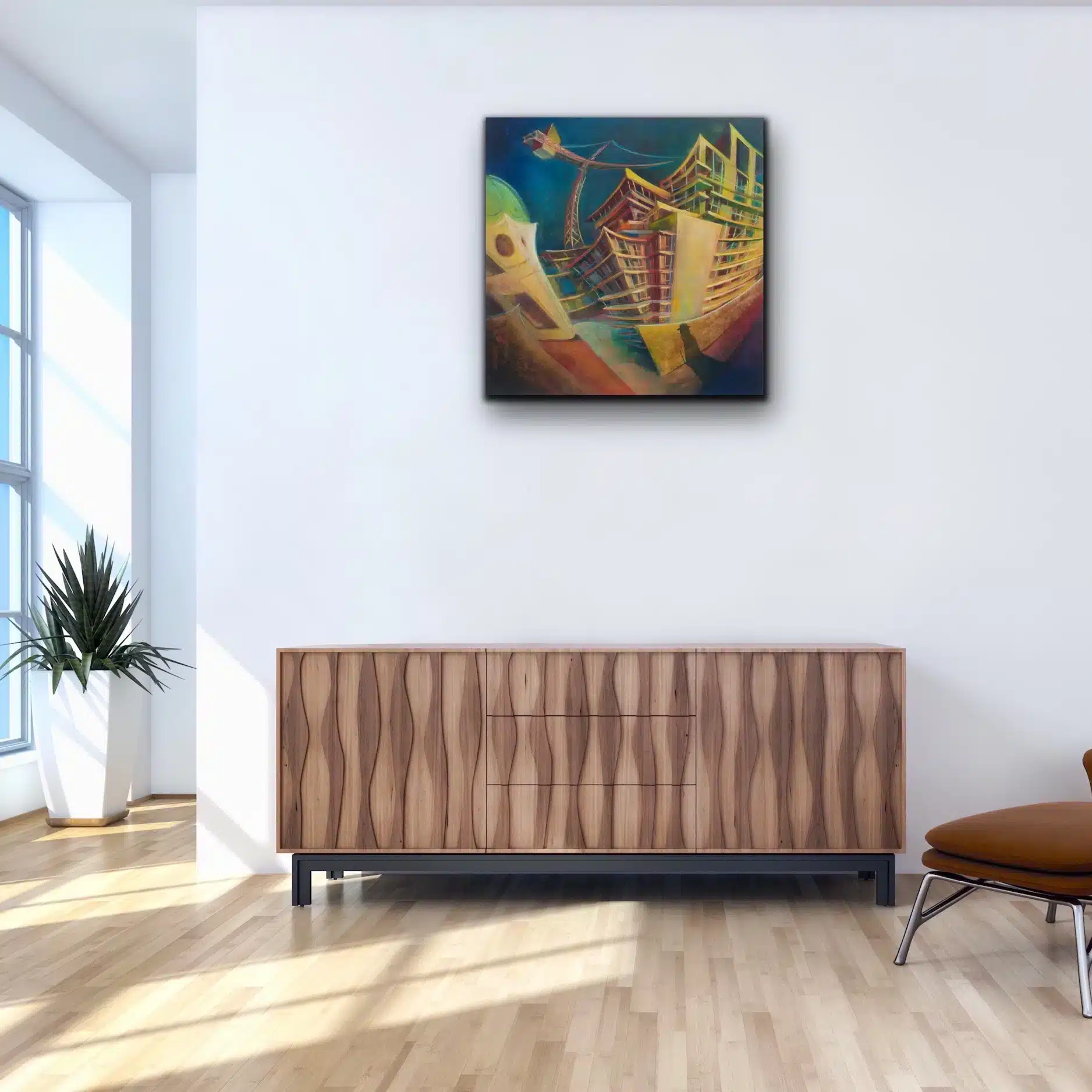 alibi painting in a room "Alibi modernity vs. tradition artwork styled in a home interior, featuring urban progress-themed contrasts."