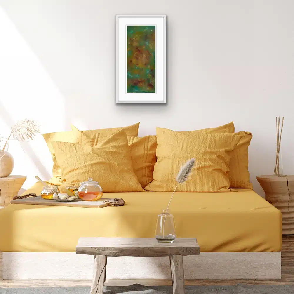 corrosion setting "Corrosion by Simon Leawright is displayed in a modern living room, framed on a wall, showcasing its abstract rust-inspired textures and cosmic metallic patterns."