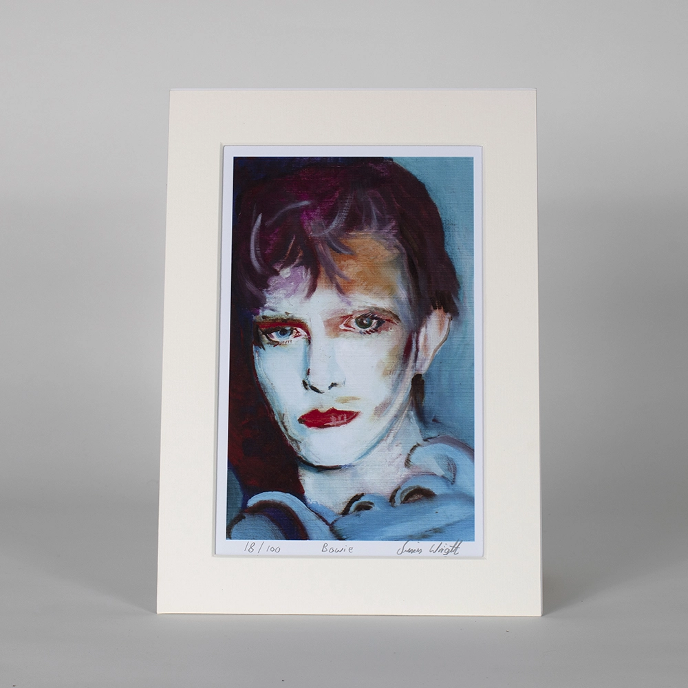 David Bowie print inspired by Scary Monsters album, A4 size with mount. Bowie set against a blue background wearing bold makeup