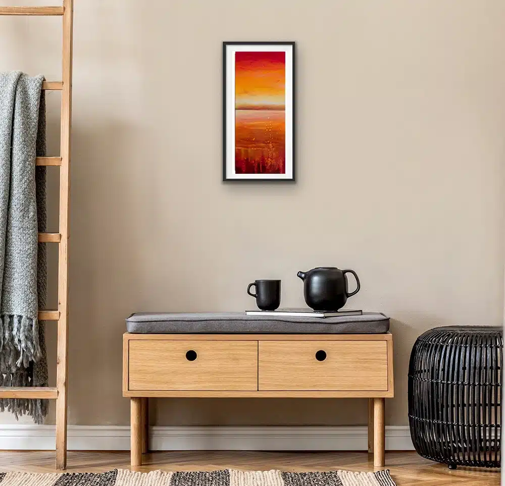 desert setting Room Setting: "Desert in a minimalist room - a warm painting bringing the radiant hues of desert landscapes to contemporary interiors."
