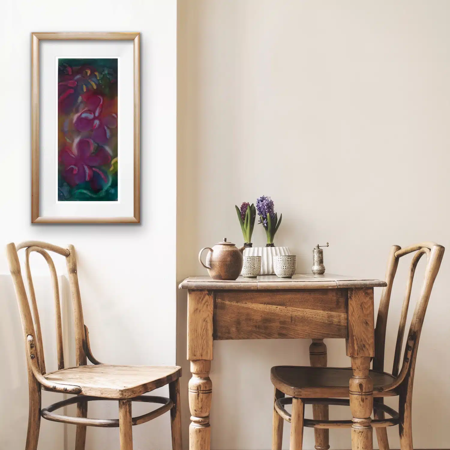 funky flowers setting "Forest by Simon Leawright is displayed in a serene living space, framed on a wall, highlighting its earthy green hues, textured glazes, and nature-inspired abstract design."