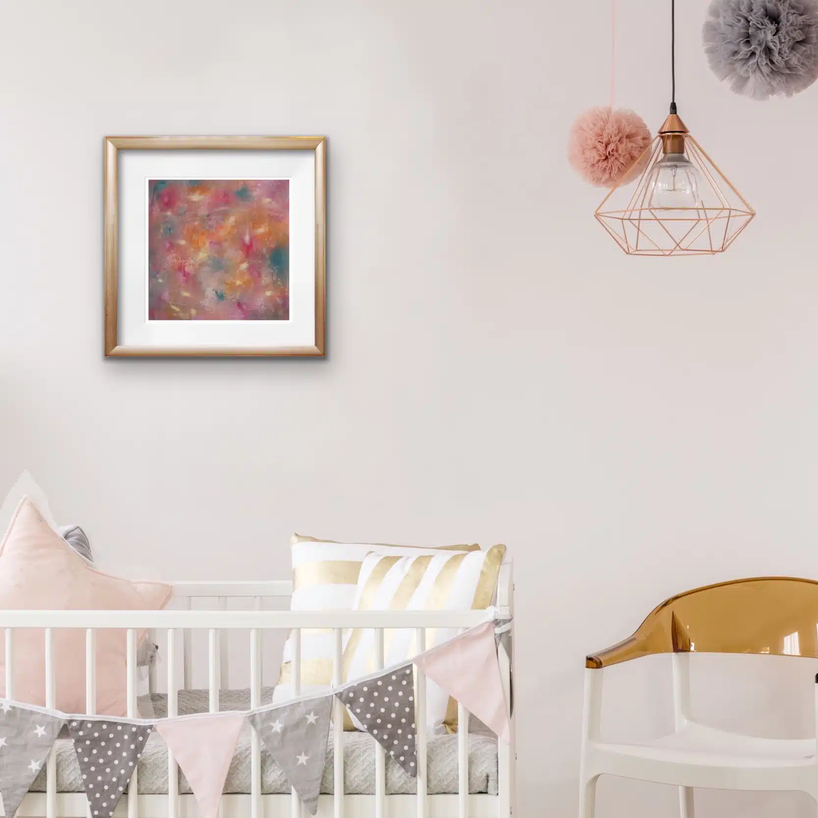 glitz setting "Glitz by Simon Leawright is displayed in a chic, contemporary room, framed on a wall. It highlights its pink and gold tones, luxurious texture, and elegant abstract design."