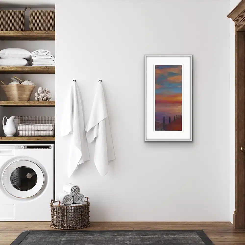 Tranquility setting "Tranquility' in a serene living room - a peaceful painting that brings the soothing beauty of an ocean sunset to home interiors."