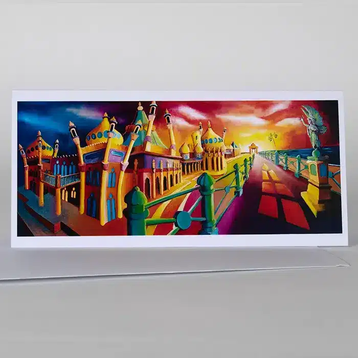 home 4 Greetings card featuring a Surreal painting titled 'Pavilion Peace' depicting the Brighton Pavilion and the peace statue by Simon Lea Wright
