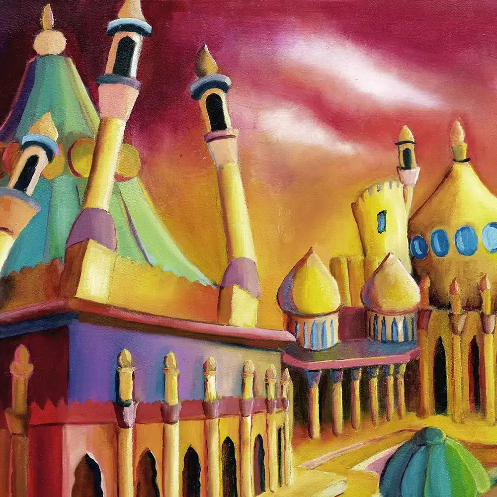 Pavilion Peace close up detail detail of pavilion peace. A colourful surreal painting featuring Brighton landmarks