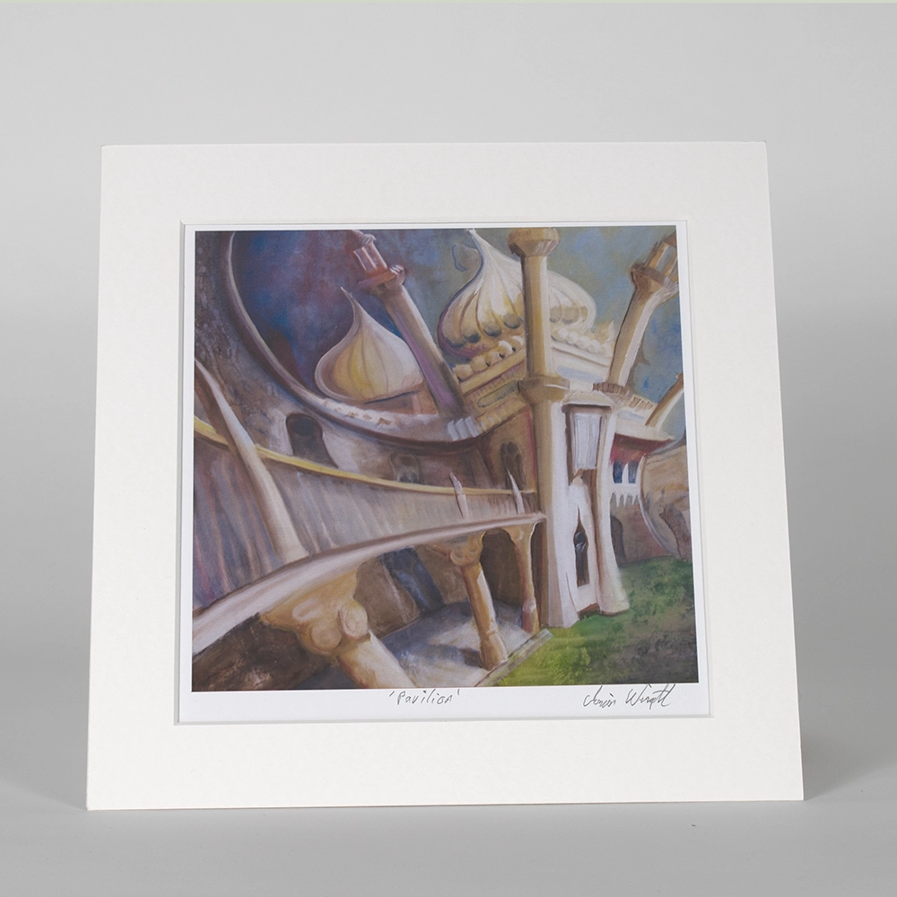 Print showing a painting of a distorted Brighton Pavilion