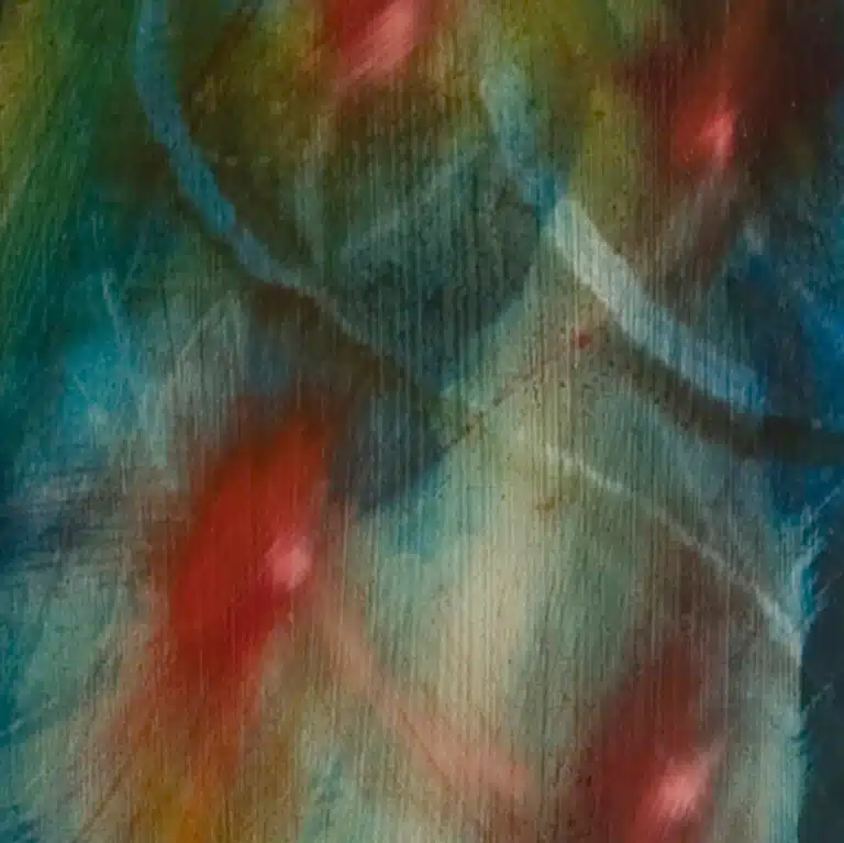 'peacock' - abstract painting detail Close-up detail of a painting called peacock . blue red and yellow oil and acrylic on canvas by Simon Lea Wright showcasing intricate feather-like patterns, vibrant colours, and luxurious abstract textures reminiscent of peacock plumage.