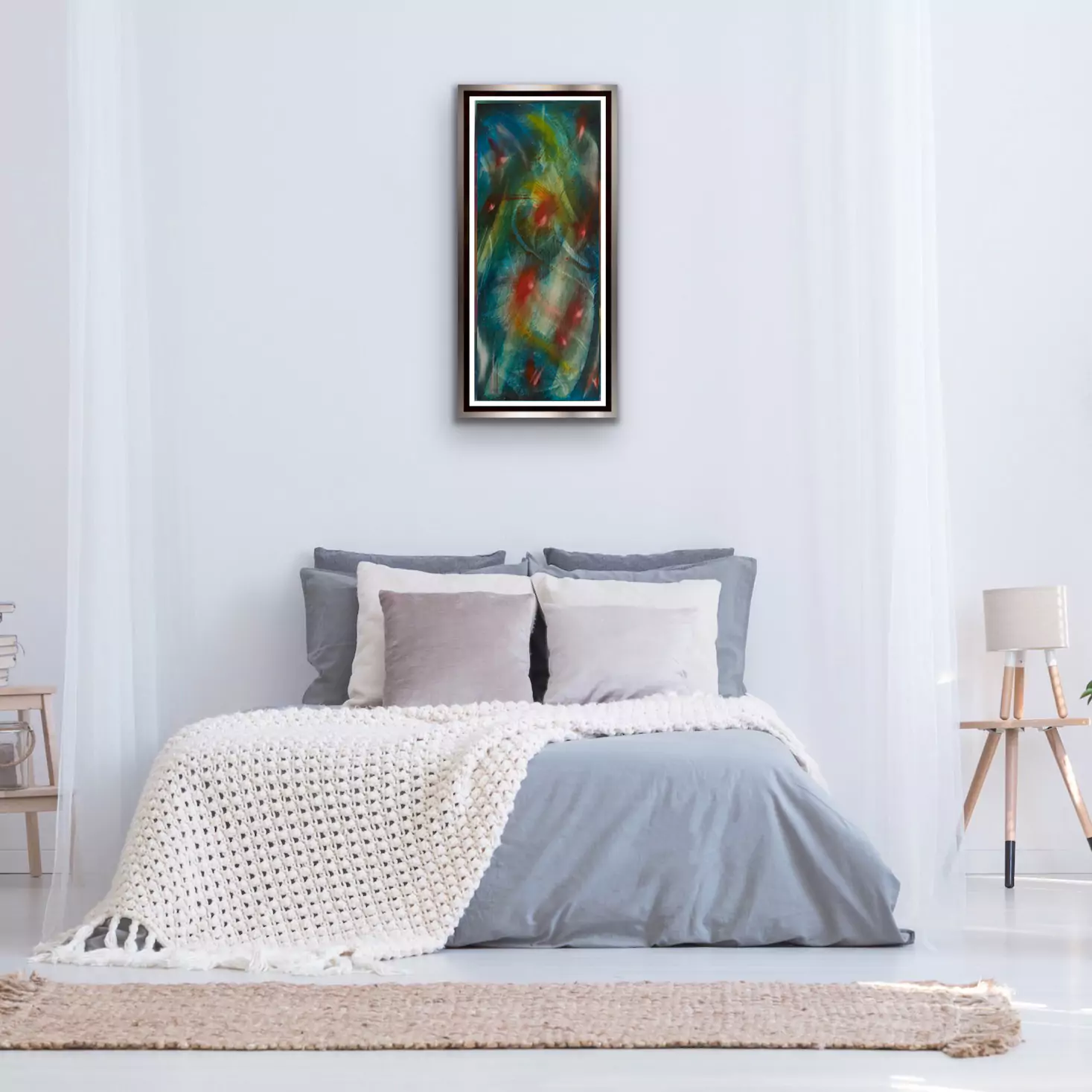 'Peacock' - abstract painting hanging in a bedroom 'Peacock' - A blue and red painting created using oil and acrylic on board hanging in a calming bedroom setting