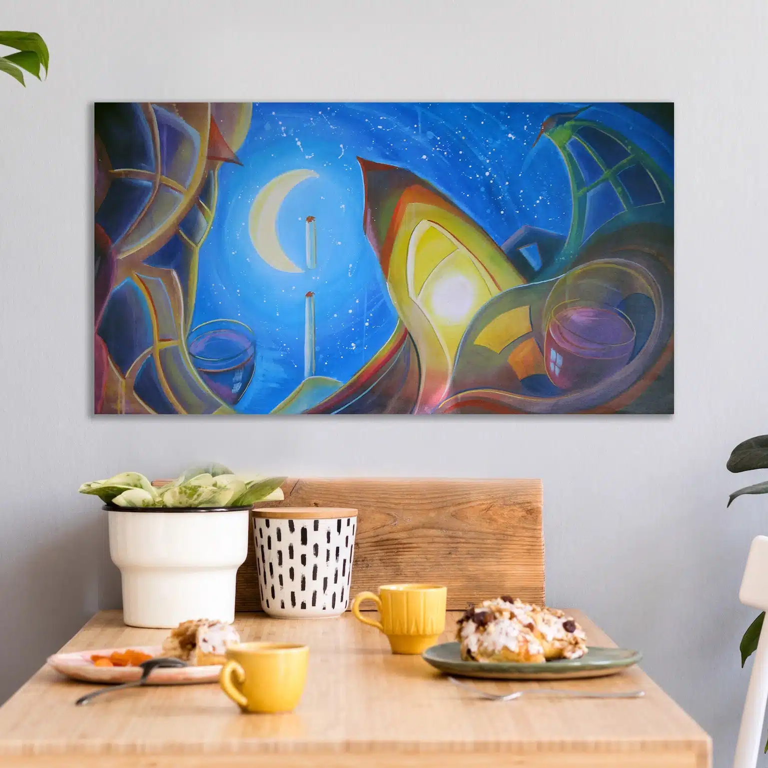 smoking in the mocha setting (1) 'Smoking in the Mocha 2,' a framed surreal painting, displayed in a cosy interior setting with warm tones. The artwork is highlighted as a focal piece in a living room or study.