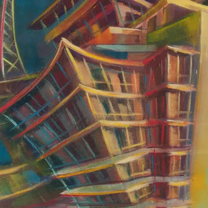 The Alibi Print close up detail "Close-up of Alibi unusual painting showing oil and acrylic on canvas with light and dark progress symbolism."