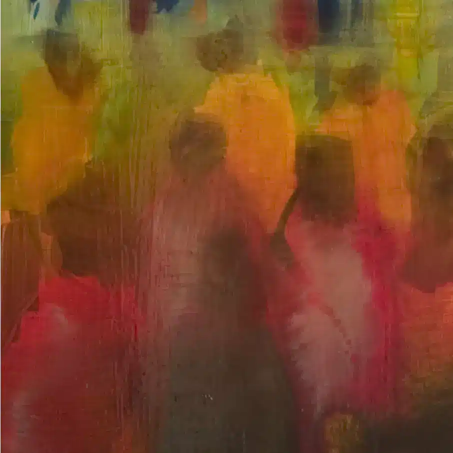 The crowd close up painting detail Close up of a painting called 'The Crowd 2' Abstract colourful figures feature in this artwork.